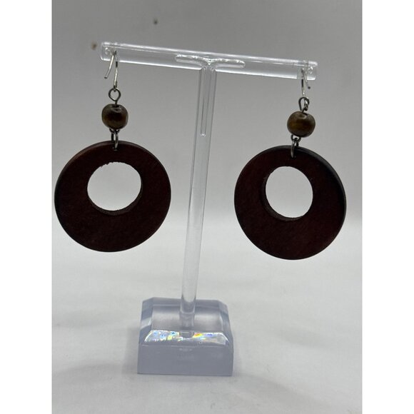 Wooden Circle Drop Earrings With Bead Accent & Hook Closure - Picture 3 of 5